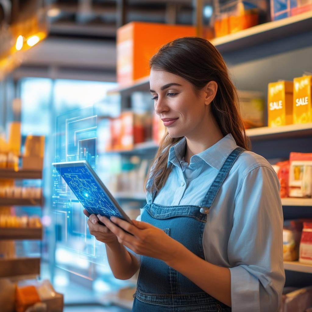 Illustrate a friendly retail worker in a small shop, holding a tablet and engaging in a phone conversation