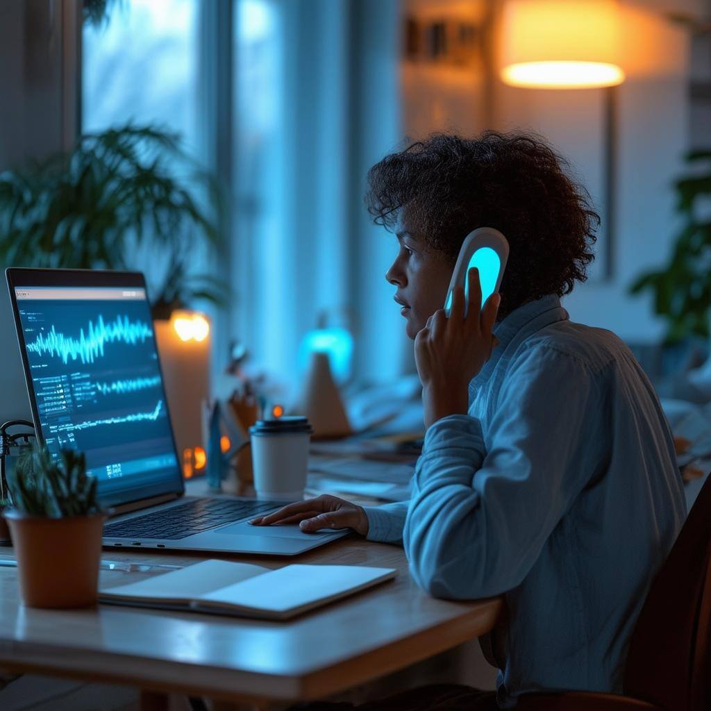 Visualize a realistic scene of a person sitting at a tidy, modern home office desk, speaking on the phone-1