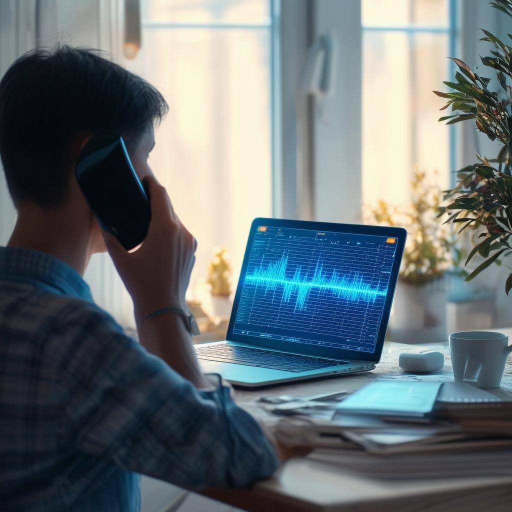 A person sitting at a tidy, modern home office desk, speaking on the phone